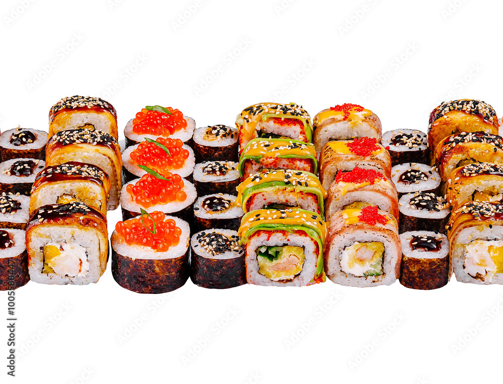 Large sushi set with variety of rolls and ingredients on white background Large sushi set with variety of rolls and ingredients on white background