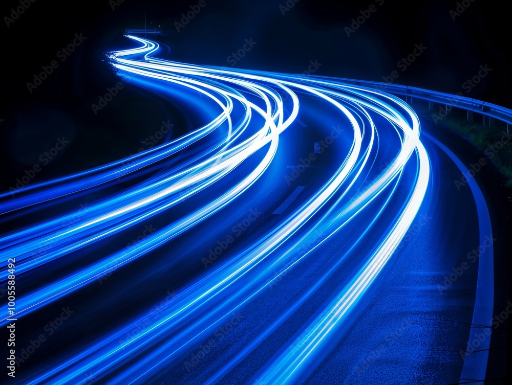 A futuristic digital scene of neon blue light trails curving through a dark space. The sleek, glowing lines evoke a sense of high-speed movement and energy, creating a dynamic, high-tech atmosphere. A futuristic digital scene of neon blue light trails curving through a dark space. The sleek, glowing lines evoke a sense of high-speed movement and energy, creating a dynamic, high-tech atmosphere.