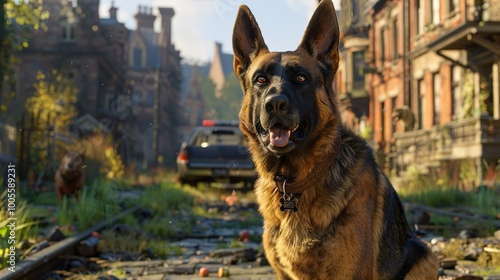 German Shepherd Dog Sitting in a Post-Apocalyptic City