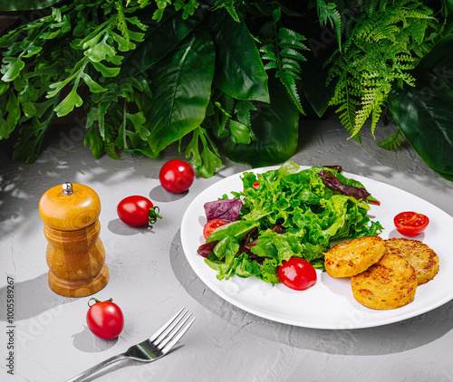 Plate with delicious golden potato pancakes and salad standing on gray table photo