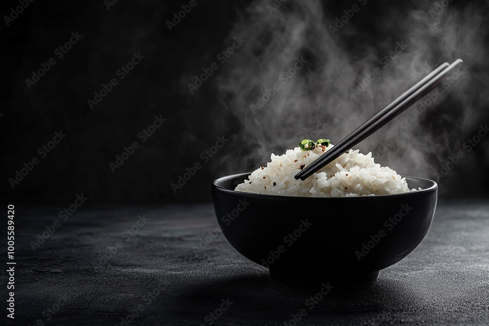 Japanese rice, Cook rice. Close up natural steaming cooked Japanese white rice in black bowl with chopstick on black background, soft focus. Healthy Food Concept. generative ai Japanese rice, Cook rice. Close up natural steaming cooked Japanese white rice in black bowl with chopstick on black background, soft focus. Healthy Food Concept. generative ai