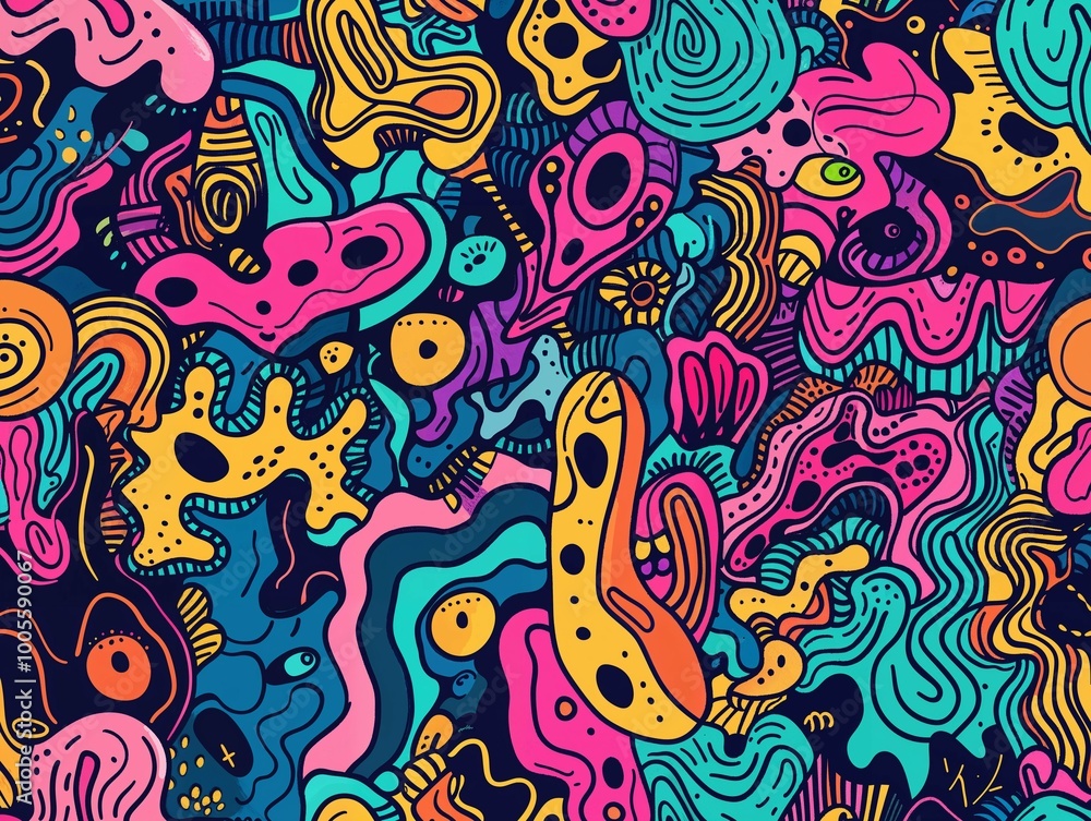 A colorful, psychedelic abstract pattern filled with swirling shapes and vibrant hues. The intricate, chaotic design creates a sense of movement and energy, with bold contrasts and a playful feel. A colorful, psychedelic abstract pattern filled with swirling shapes and vibrant hues. The intricate, chaotic design creates a sense of movement and energy, with bold contrasts and a playful feel.