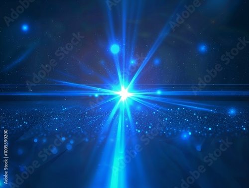 A vibrant burst of blue light shining from the center, radiating across a starry backdrop. The abstract design conveys a sense of energy, illumination, and the vastness of space.