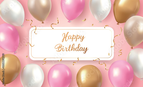 Realistic happy birthday balloon template, happy birthday celebration design on greeting card, poster or banner, featuring realistic pink and white balloons and falling foil confetti. Vector illustrat