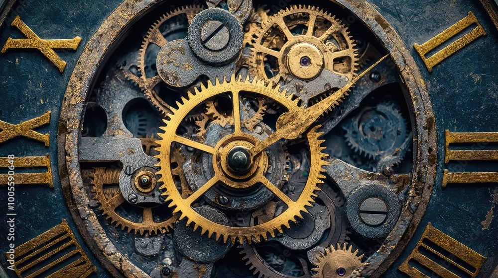 Fototapeta premium Intricate clock mechanism showcasing gears and clock hands, symbolizing time, craftsmanship, and engineering art.