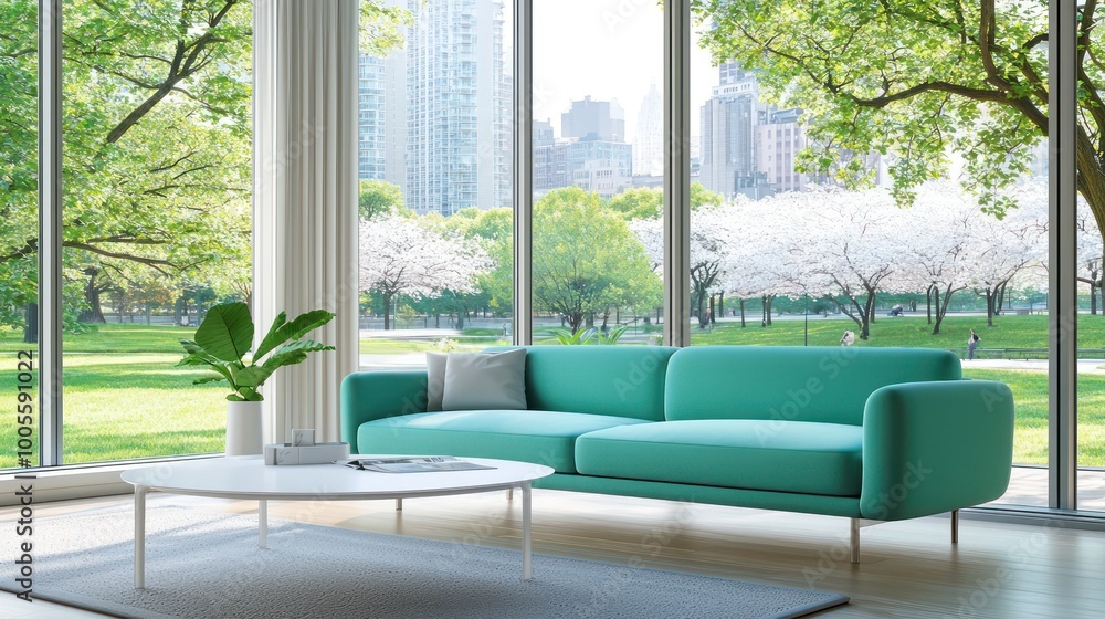 Minimalist living room with a bold turquoise sofa, a sleek white coffee table, and large windows offering views of an urban park in spring Minimalist living room with a bold turquoise sofa, a sleek white coffee table, and large windows offering views of an urban park in spring