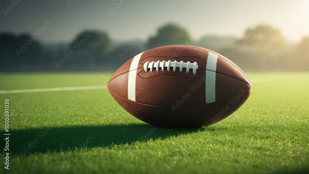 Football lying on a grassy field, showcasing the laces in detail. Football lying on a grassy field, showcasing the laces in detail.