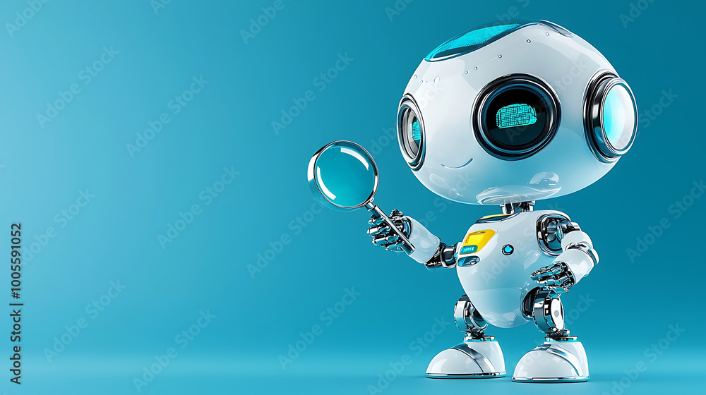 friendly 3D robot holding magnifying glass stands against vibrant blue background, showcasing its curious nature and advanced technology friendly 3D robot holding magnifying glass stands against vibrant blue background, showcasing its curious nature and advanced technology