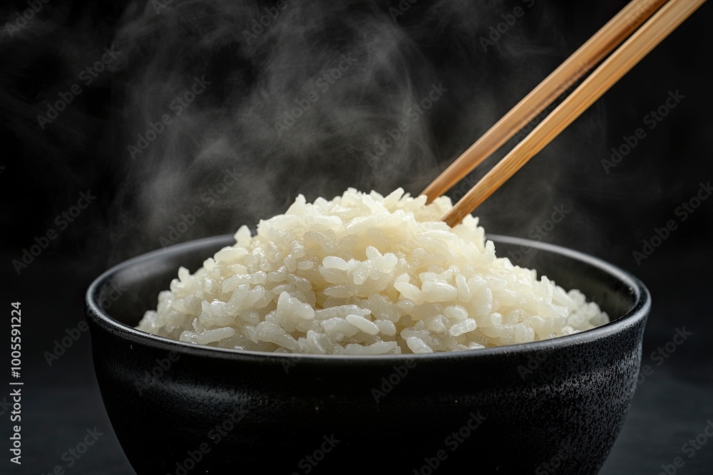 Japanese rice, Cook rice. Close up natural steaming cooked Japanese white rice in black bowl with chopstick on black background, soft focus. Healthy Food Concept. generative ai
