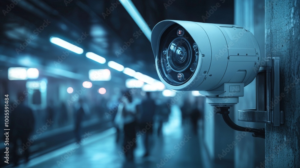A surveillance camera is mounted in a dimly lit train station environment, capturing the movement of blurred figures in the background. A surveillance camera is mounted in a dimly lit train station environment, capturing the movement of blurred figures in the background.