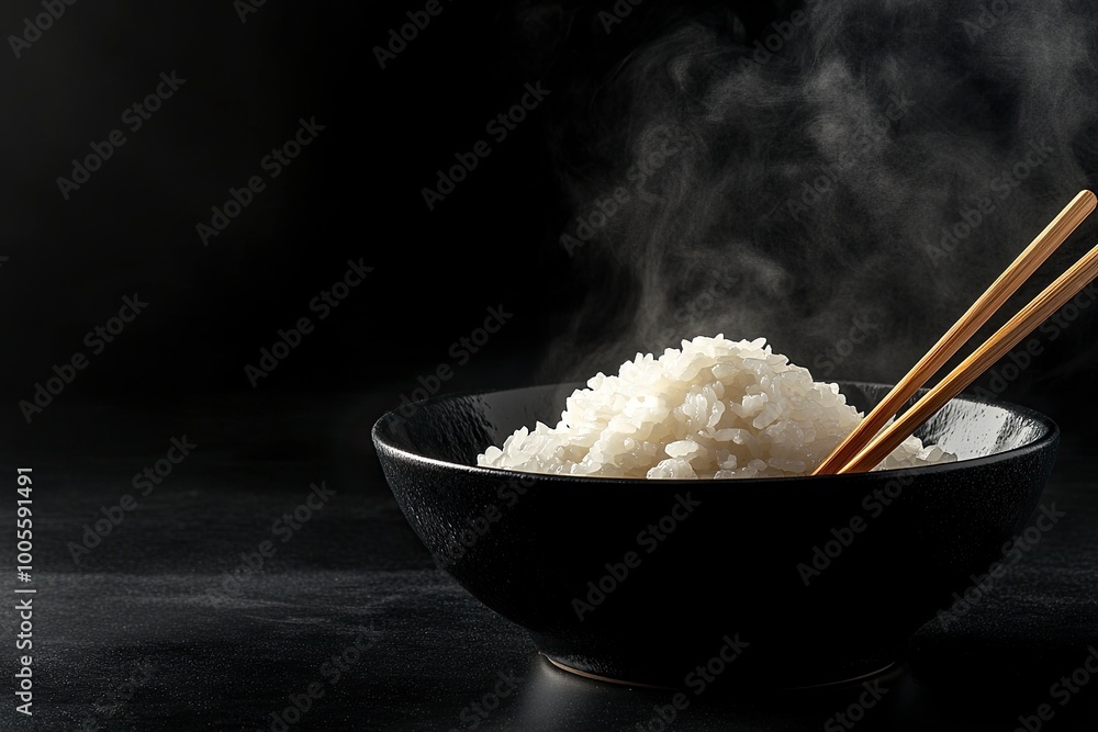 Japanese rice, Cook rice. Close up natural steaming cooked Japanese white rice in black bowl with chopstick on black background, soft focus. Healthy Food Concept. generative ai Japanese rice, Cook rice. Close up natural steaming cooked Japanese white rice in black bowl with chopstick on black background, soft focus. Healthy Food Concept. generative ai