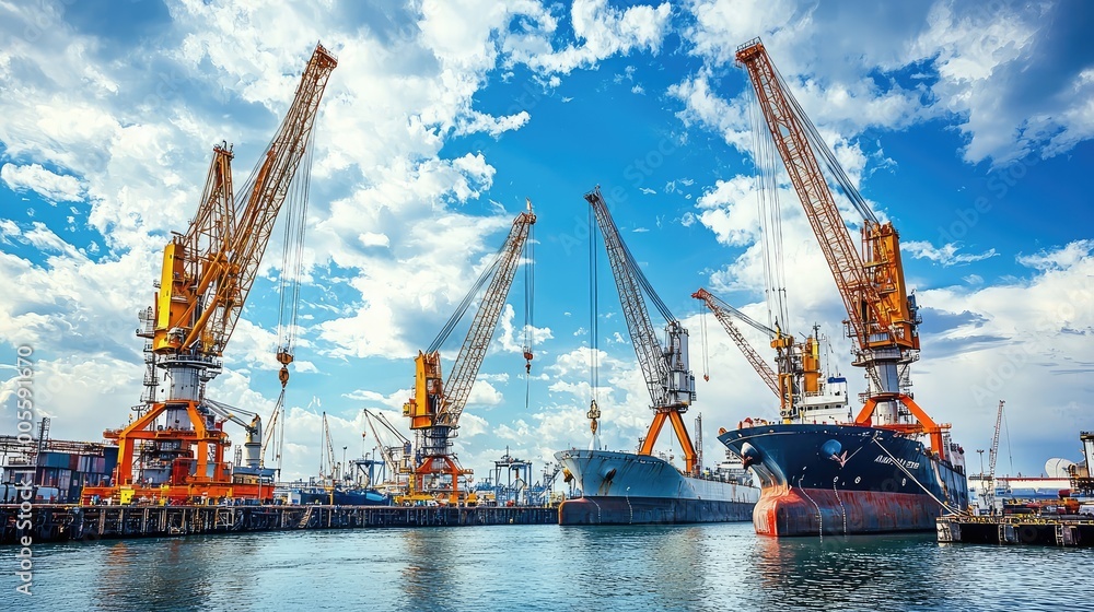 Majestic port scene showcasing large cranes and cargo ships under a bright blue sky, reflecting industrial maritime activity. Majestic port scene showcasing large cranes and cargo ships under a bright blue sky, reflecting industrial maritime activity.