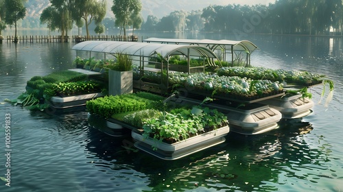 Floating Garden Structures on a Serene Lake photo