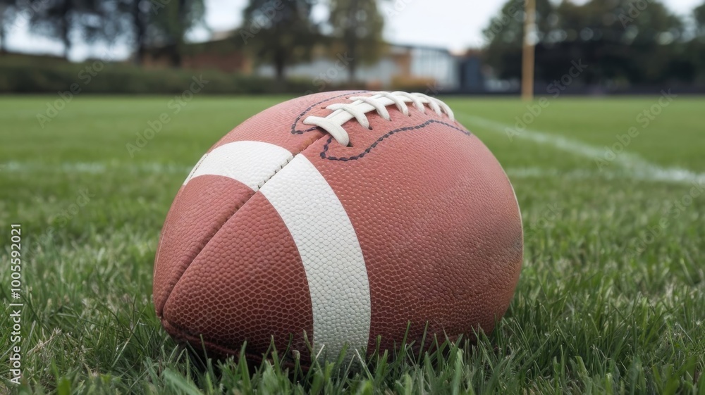 Football lying on a grassy field, showcasing the laces in detail. Football lying on a grassy field, showcasing the laces in detail.