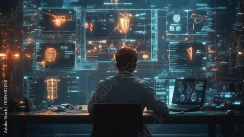 Wallpaper Mural Doctor seated at a desk, focused on working intently on a laptop, exemplifying modern medical practice and dedication. Torontodigital.ca