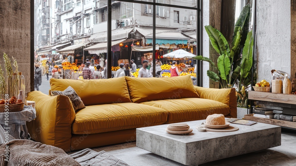 View of Minimalist urban living room with a plush mustard sofa, raw concrete ...