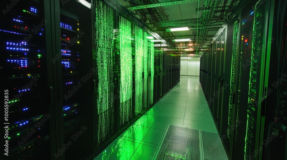 Hologram Visualization of Codeflow in a Server Room: This Image Features a Stunning Holographic Display Representing the Flow of Data and Code Within a High-Tech Server Environment. Hologram Visualization of Codeflow in a Server Room: This Image Features a Stunning Holographic Display Representing the Flow of Data and Code Within a High-Tech Server Environment.