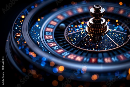 Dynamic casino scene with roulette table and chips on dark background for gambling promotions