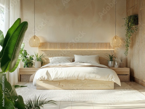 A tranquil bedroom featuring a large wooden bed with soft linens in neutral tones. Woven pendant lights and greenery on both sides enhance the natural, calming ambiance of this minimalist space. photo