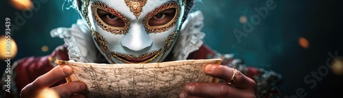 A masked trickster presenting a forged map to hidden riches, the truth veiled behind a charming smile, a world of fraud and deceit in a fantasy setting