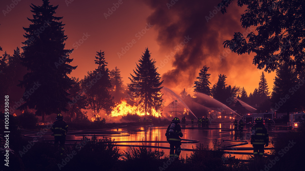 Fototapeta premium Industrial chemical tank engulfed in flames with thick black smoke, firefighters in protective gear battling the blaze at dusk, highlighting the urgency and danger of the situation.