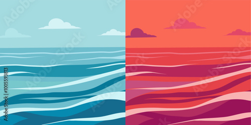 Vector set of sea landscapes during daytime and at sunset. Water landscape collection. Ocean with waves for postcards in flat style