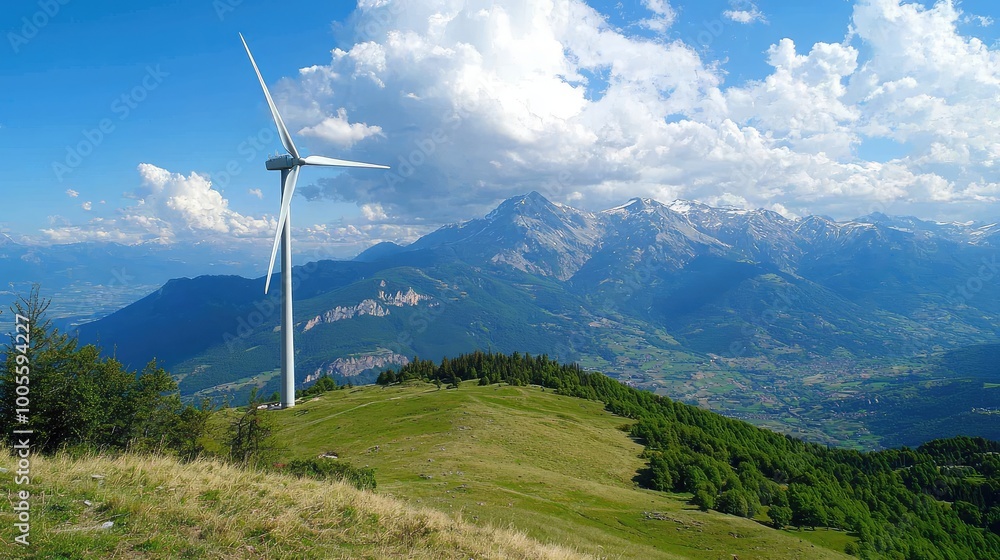 Scenic view of a wind turbine on a hill with mountains and clouds in the background, symbolizing renewable energy and nature. Scenic view of a wind turbine on a hill with mountains and clouds in the background, symbolizing renewable energy and nature.
