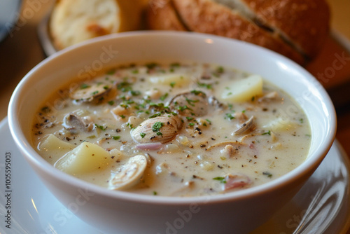 Clam chowder is a rich and creamy soup made with clams photo