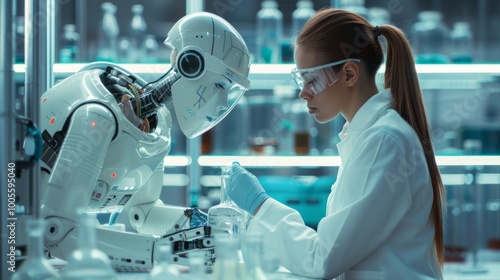 A woman in a lab coat is working with a robot photo