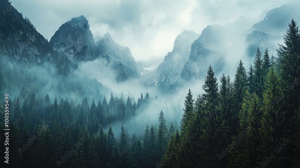 Serene mountain landscape with dense fog and towering trees, creating a mystical and tranquil atmosphere in nature. Serene mountain landscape with dense fog and towering trees, creating a mystical and tranquil atmosphere in nature.