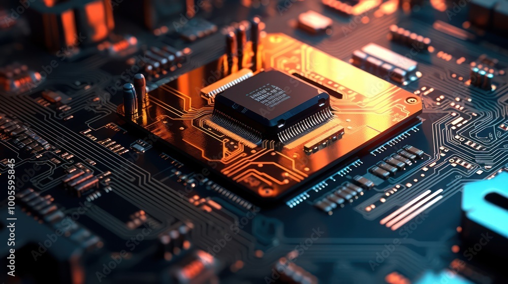 Close-up of a gold CPU processor chip on a black circuit board w Close-up of a gold CPU processor chip on a black circuit board w