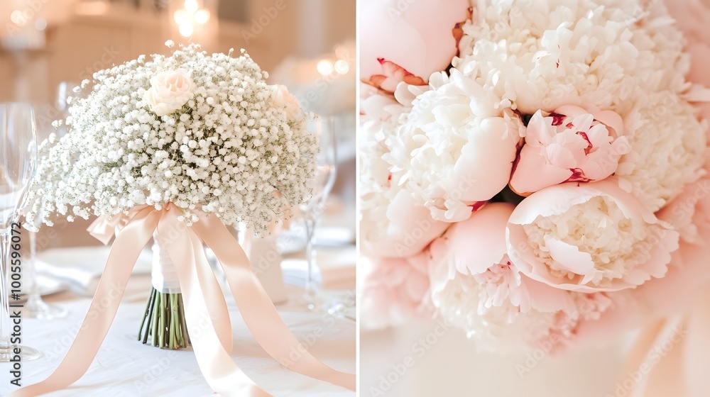 Fototapeta premium Pastel Bridal Shower Tablescape with Lush Peony Bouquets and Satin Ribbons in Blush and Ivory Tones Vintage Inspired Elegance and a Film Photography Aesthetic with Warm Natural Lighting