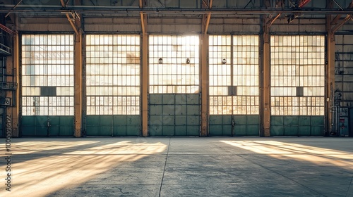 Spacious industrial warehouse with large windows, showcasing natural light and a modern, minimalist atmosphere.