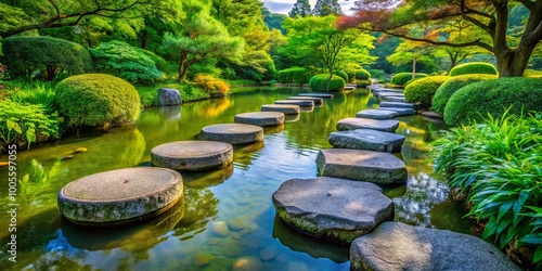 Tranquil stones dot a serene Zen garden, inviting peaceful walks amid lush greenery, fostering a sense of harmony