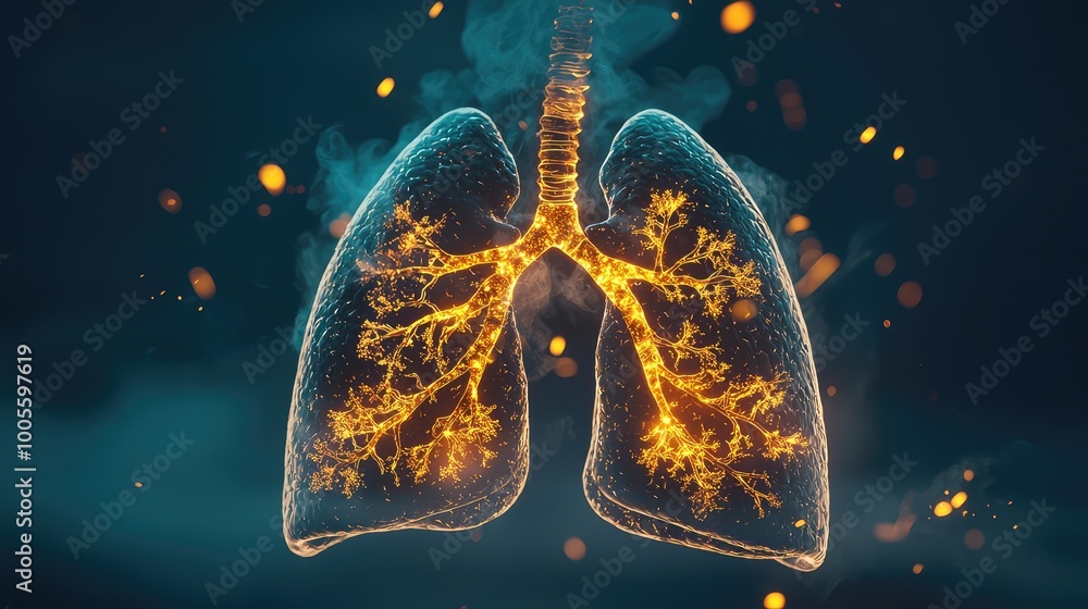 Stunning illustration of a glowing human lung, showcasing intricate ...
