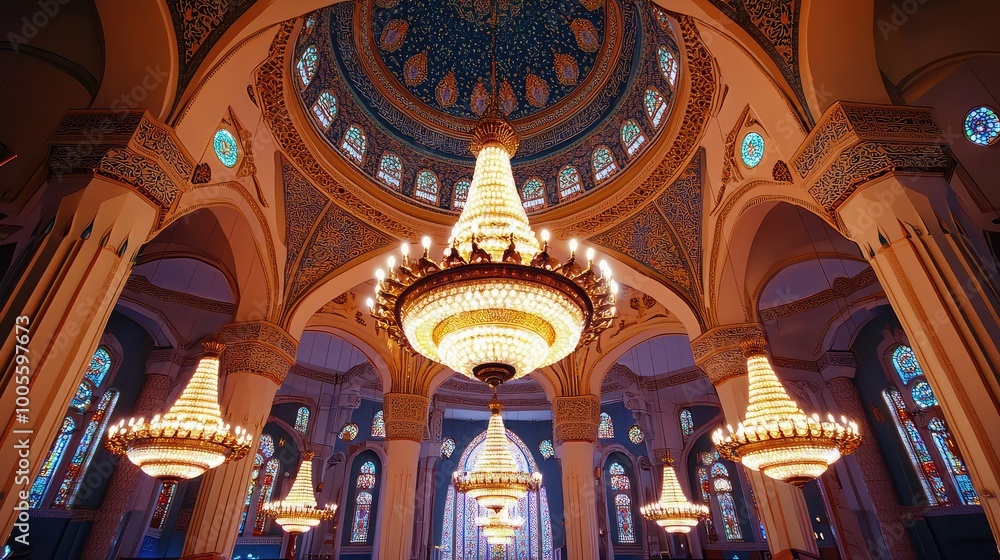 Obraz premium Stunning interior of a grand hall featuring ornate chandeliers and intricate architectural details, creating an elegant atmosphere.