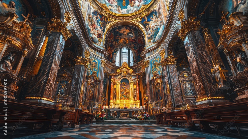 Obraz premium Stunning interior of an ornate church, showcasing intricate sculptures, vibrant frescoes, and a serene atmosphere.