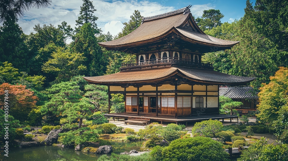 Stunning Japanese temple surrounded by lush greenery and tranquil water, showcasing classic architectural beauty in nature. Stunning Japanese temple surrounded by lush greenery and tranquil water, showcasing classic architectural beauty in nature.