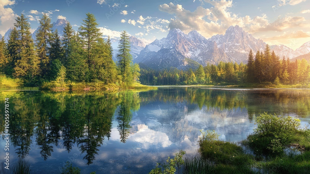 Stunning landscape featuring serene lake, majestic mountains, and lush forest under a vibrant sky. A perfect nature scene. Stunning landscape featuring serene lake, majestic mountains, and lush forest under a vibrant sky. A perfect nature scene.