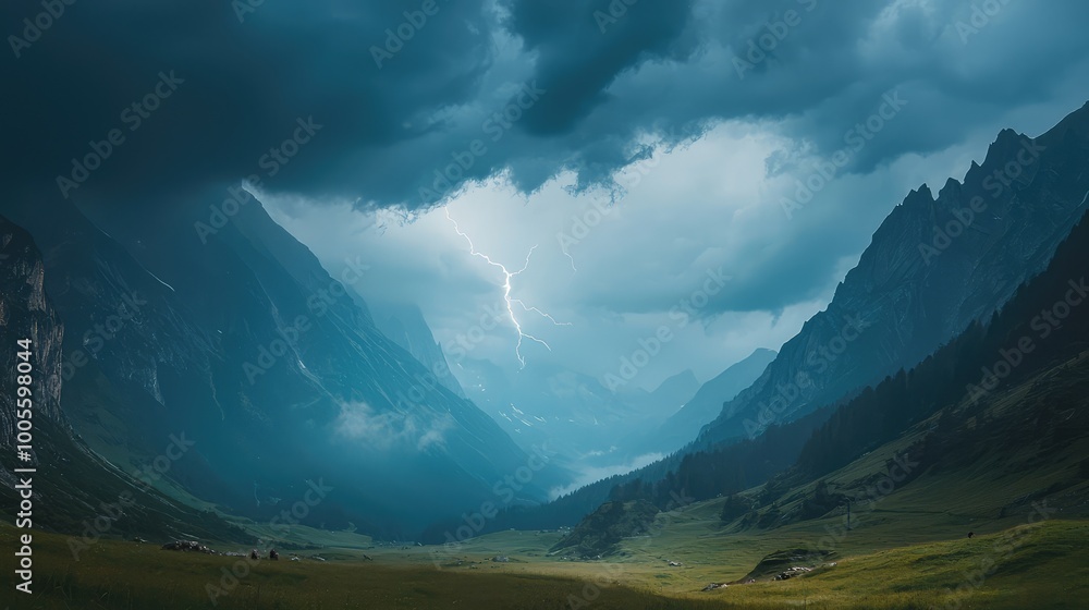 Stunning mountain landscape captured under a dramatic sky with lightning, showcasing nature's raw beauty and power. Stunning mountain landscape captured under a dramatic sky with lightning, showcasing nature's raw beauty and power.