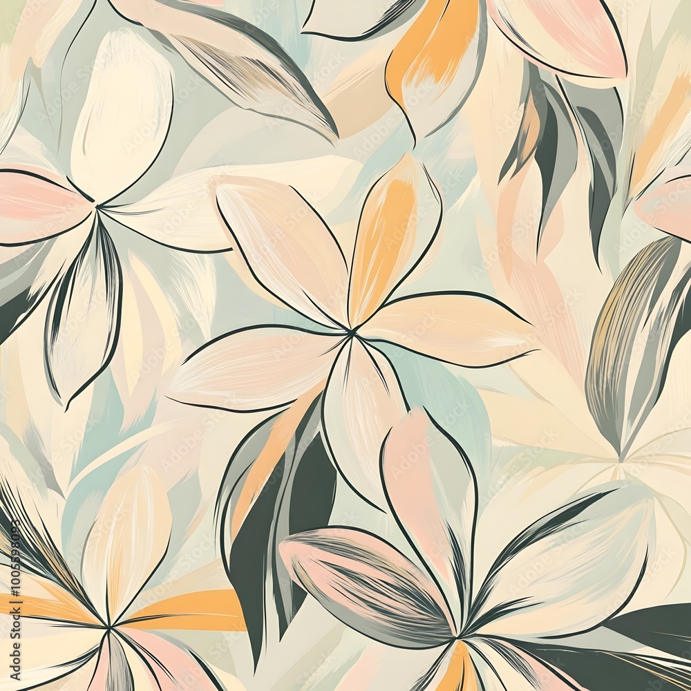Fototapeta premium Minimalist and abstract floral pattern with soft edged petals delicate linework and a muted pastel color palette creating a peaceful and serene ambiance