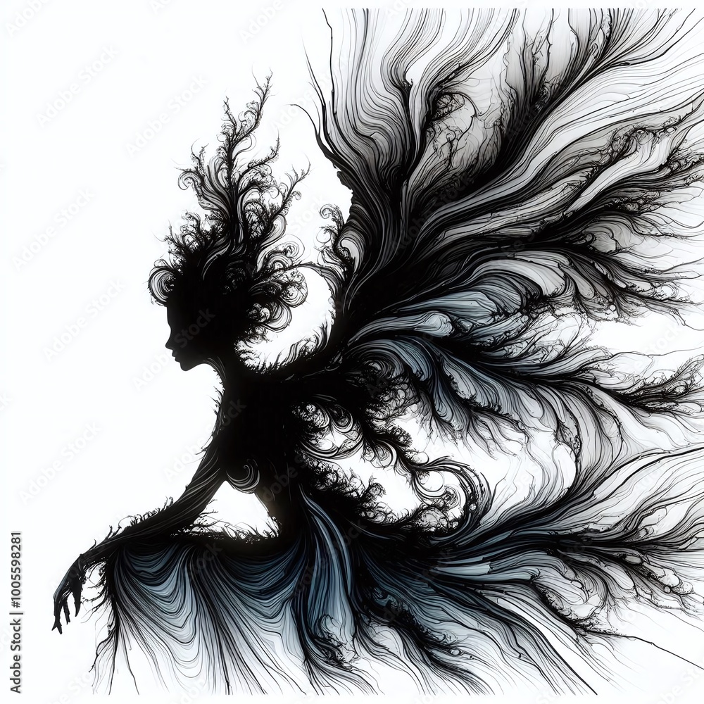 Black and white sketch of a woman with long, curly hair, featuring a bold tattoo and a glamorous hairstyle, set against a minimalist background Black and white sketch of a woman with long, curly hair, featuring a bold tattoo and a glamorous hairstyle, set against a minimalist background