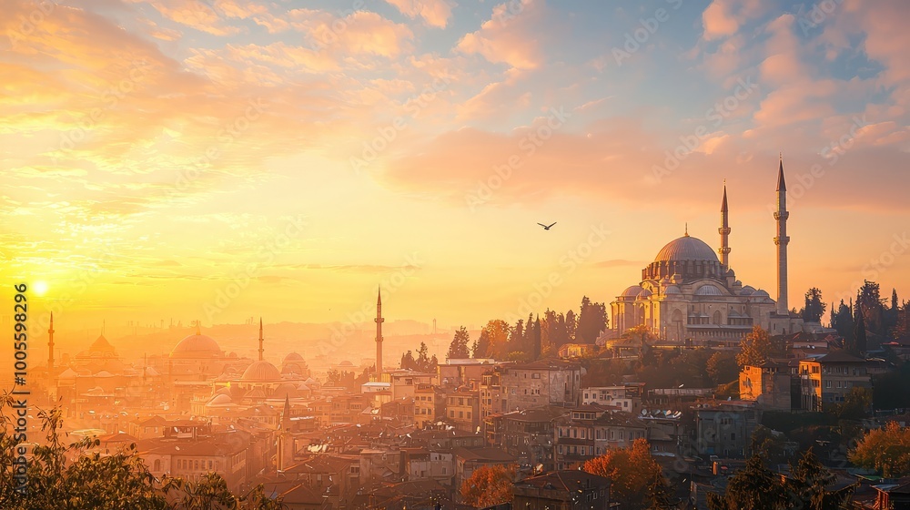 Fototapeta premium Stunning sunrise over a historic city, showcasing ancient architecture and vibrant colors in the sky, creating a serene atmosphere.