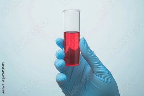 Wallpaper Mural A gloved hand holds a test tube filled with red liquid on a light blue background. Torontodigital.ca