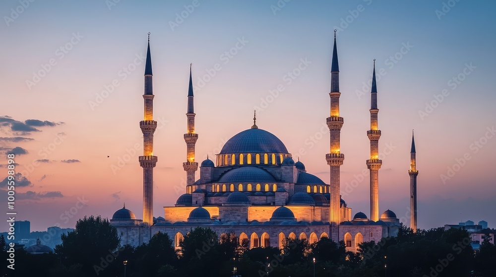 Obraz premium Stunning view of a grand mosque at sunset, showcasing its architectural beauty and illuminated minarets against a colorful sky.