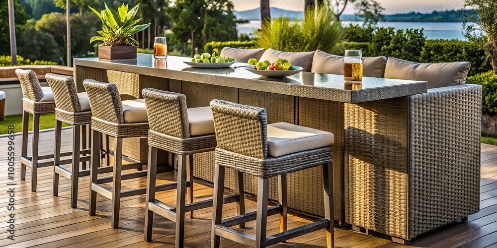 Obraz premium Transform your patio into a chic oasis with this elegant luxury outdoor bar furniture set, perfect for entertaining