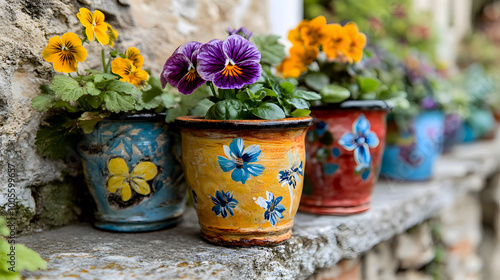 Colorful Ceramic Pots Filled with Vibrant Flowers