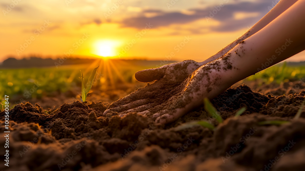 Fototapeta premium Hands in Soil at Sunset Over Rural Landscape