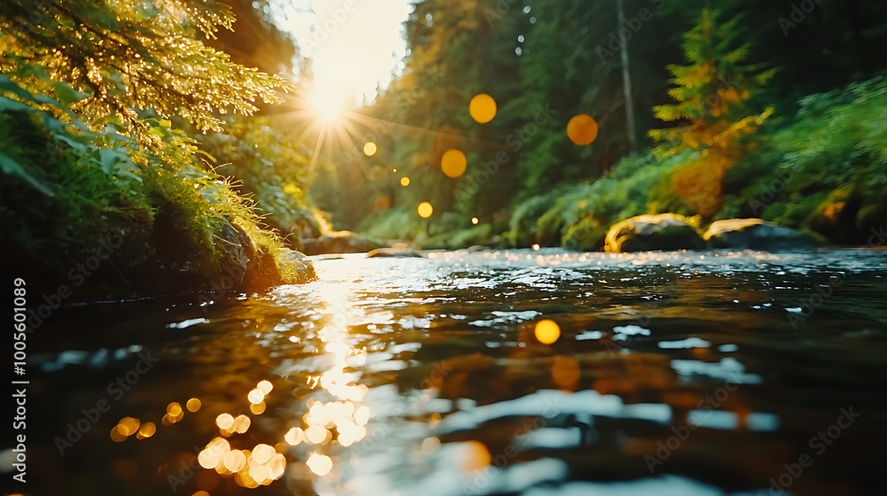 serene river flowing rapidly through lush forest, illuminated by warm glow of setting sun. tranquil scene captures beauty of nature and peacefulness of water serene river flowing rapidly through lush forest, illuminated by warm glow of setting sun. tranquil scene captures beauty of nature and peacefulness of water