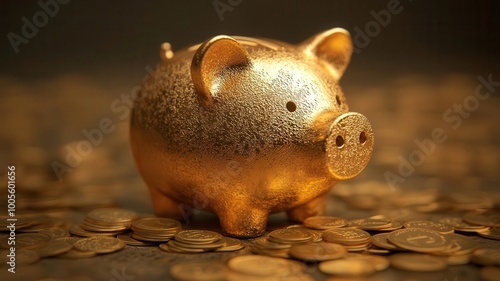 A shiny golden piggy bank surrounded by scattered coins symbolizes savings and financial prosperity. photo